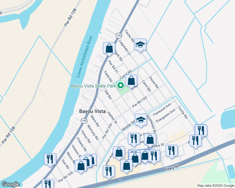 map of restaurants, bars, coffee shops, grocery stores, and more near 336 Field Road in Morgan City
