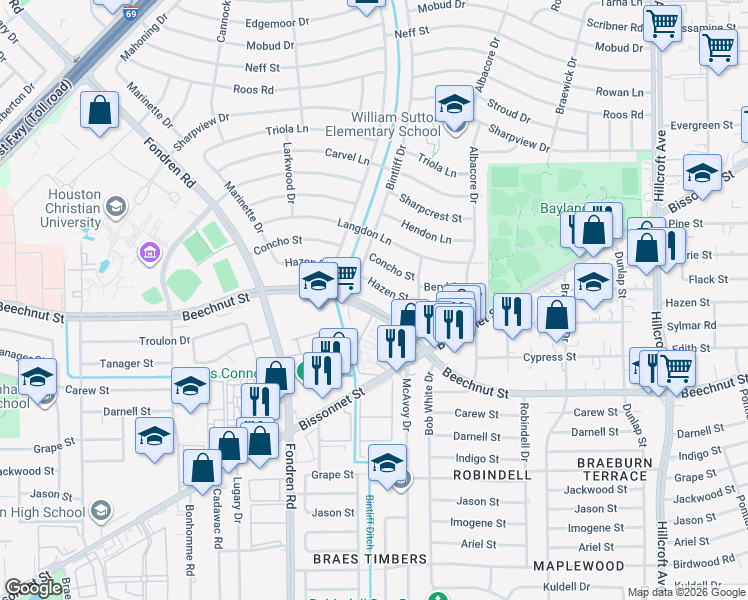map of restaurants, bars, coffee shops, grocery stores, and more near 6843 Beechnut Street in Houston