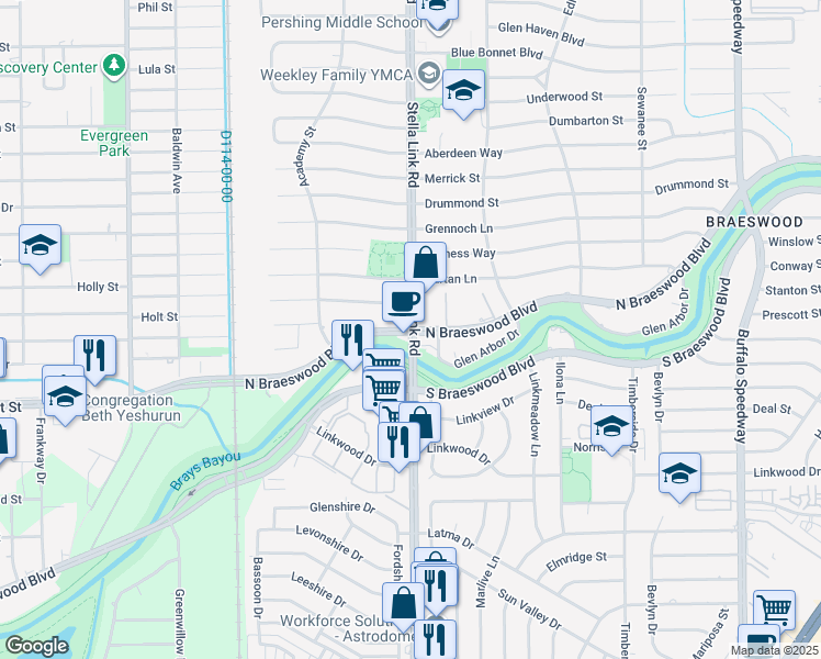 map of restaurants, bars, coffee shops, grocery stores, and more near N Braeswood Blvd & Stella Link Rd in Houston