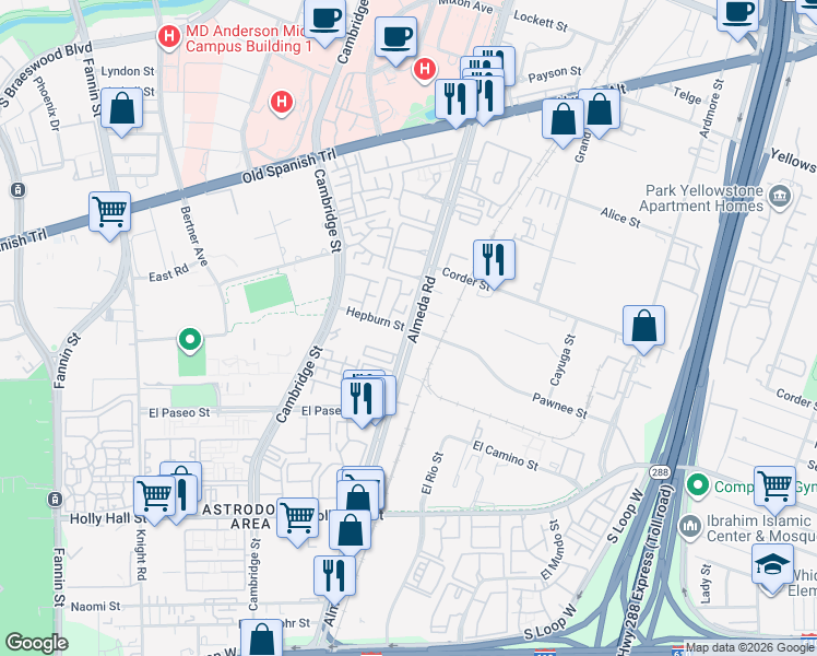 map of restaurants, bars, coffee shops, grocery stores, and more near Almeda Rd & Hepburn St in Houston