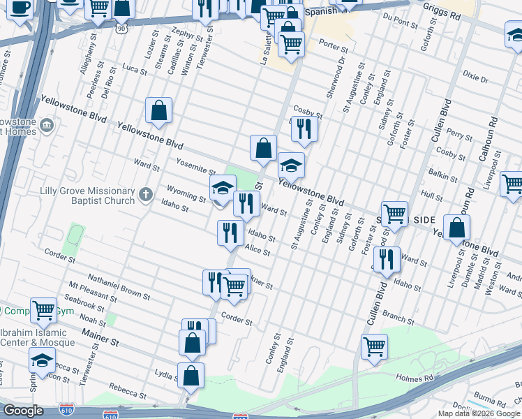 map of restaurants, bars, coffee shops, grocery stores, and more near 6718 Driftwood Street in Houston