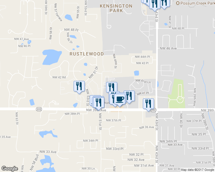 map of restaurants, bars, coffee shops, grocery stores, and more near 4101 Northwest 50th Terrace in Gainesville