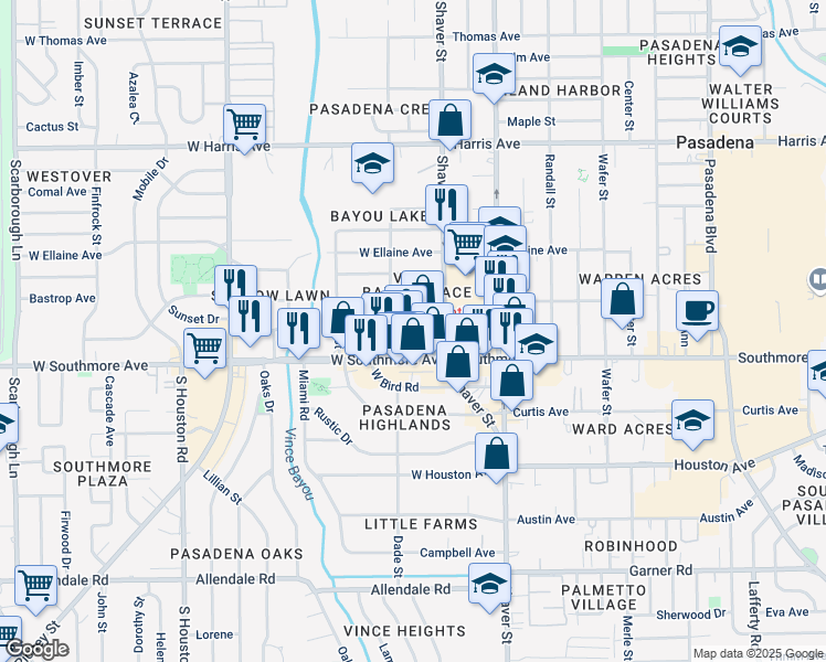 map of restaurants, bars, coffee shops, grocery stores, and more near 201 Denham Avenue in Pasadena