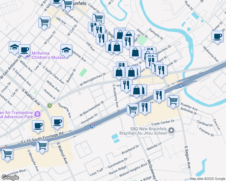 map of restaurants, bars, coffee shops, grocery stores, and more near 1133 South Academy Avenue in New Braunfels