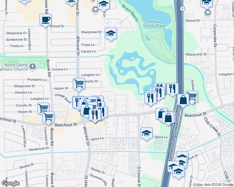 map of restaurants, bars, coffee shops, grocery stores, and more near 10522 Beechnut Street in Houston