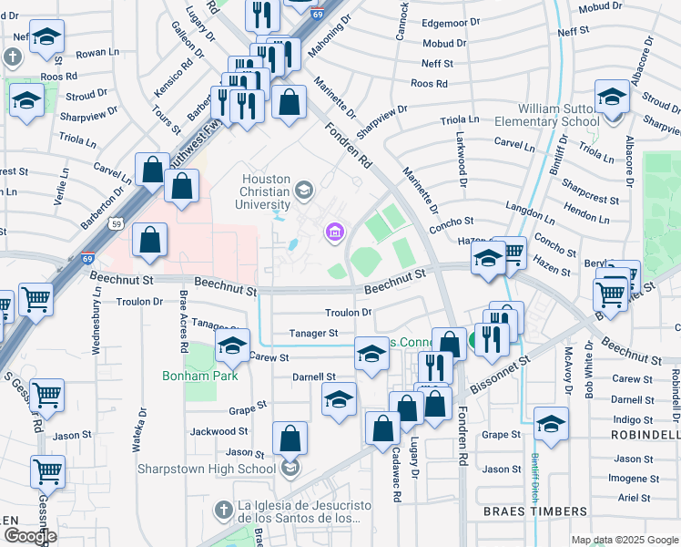 map of restaurants, bars, coffee shops, grocery stores, and more near in Houston