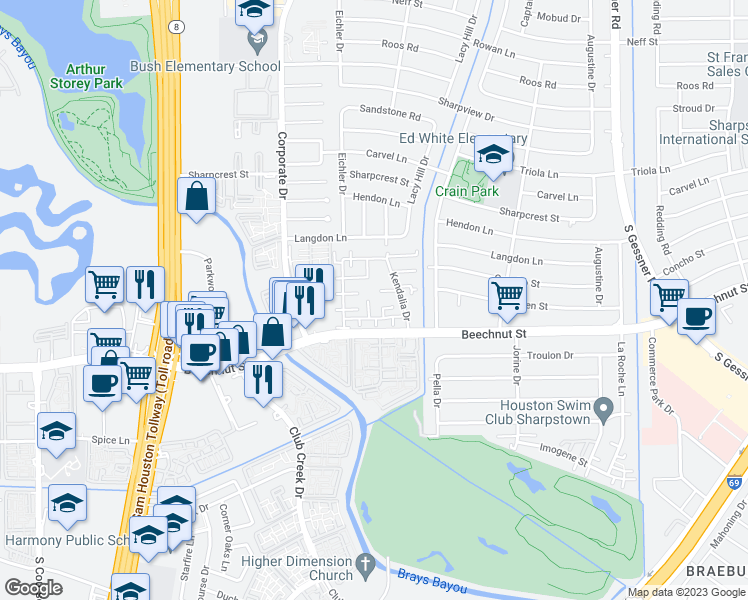 map of restaurants, bars, coffee shops, grocery stores, and more near 7862 Kendalia Drive in Houston