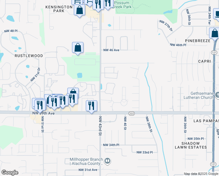map of restaurants, bars, coffee shops, grocery stores, and more near 4151 Northwest 43rd Street in Gainesville