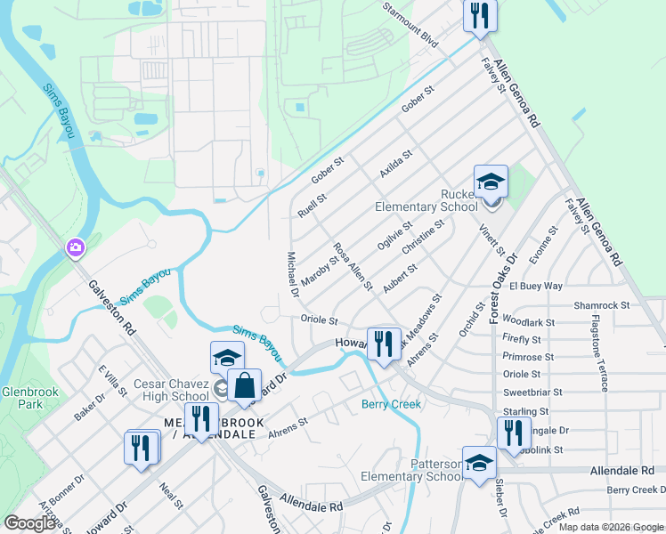 map of restaurants, bars, coffee shops, grocery stores, and more near 1415 Loper Street in Houston