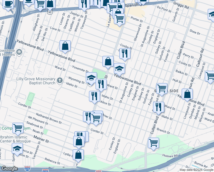 map of restaurants, bars, coffee shops, grocery stores, and more near 6718 Driftwood Street in Houston