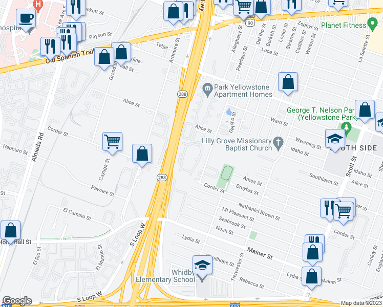 map of restaurants, bars, coffee shops, grocery stores, and more near 3360 Alice Street in Houston