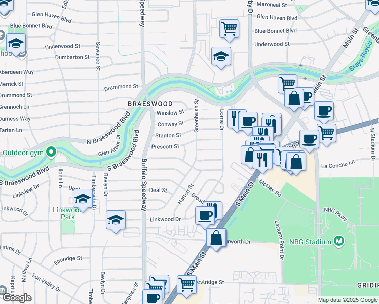 map of restaurants, bars, coffee shops, grocery stores, and more near 3018 Prescott Street in Houston