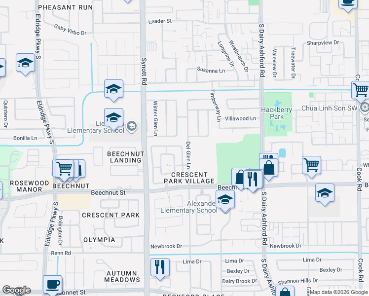 map of restaurants, bars, coffee shops, grocery stores, and more near 13003 Wilde Glen Lane in Houston