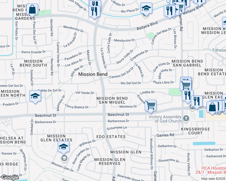 map of restaurants, bars, coffee shops, grocery stores, and more near 15655 Rio Del Sol Drive in Houston
