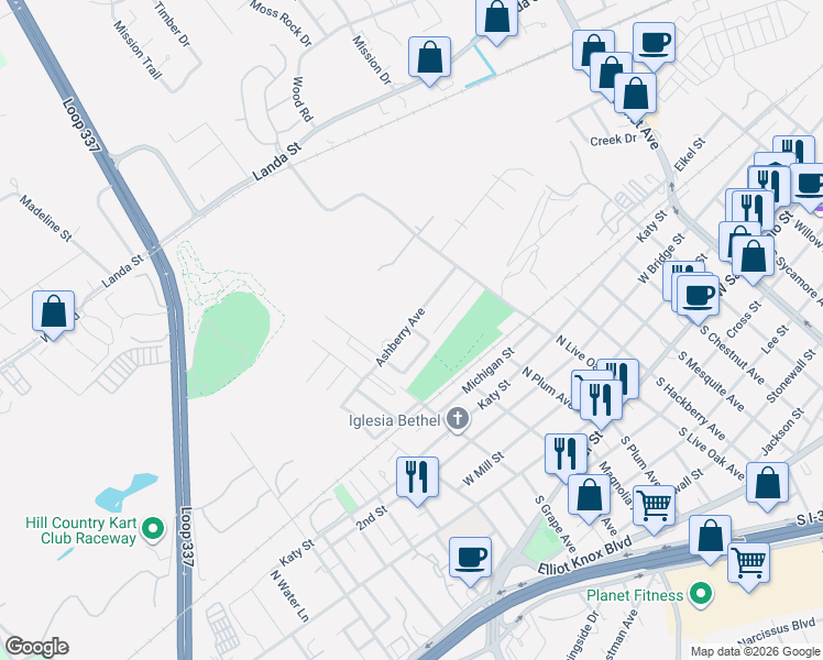map of restaurants, bars, coffee shops, grocery stores, and more near 1038 Ashberry Avenue in New Braunfels