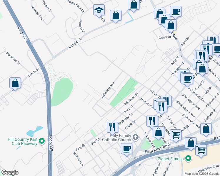 map of restaurants, bars, coffee shops, grocery stores, and more near 1038 Ashberry Avenue in New Braunfels