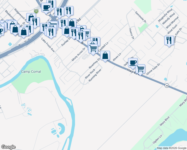 map of restaurants, bars, coffee shops, grocery stores, and more near 1119 Running River in New Braunfels