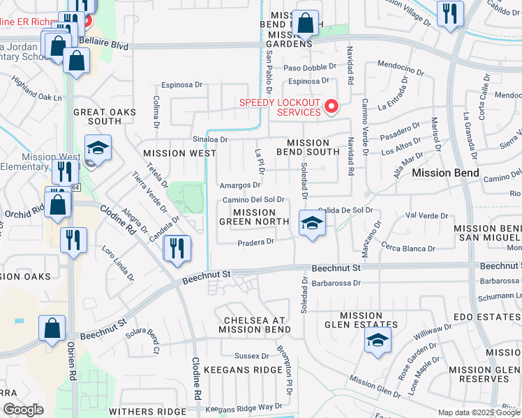 map of restaurants, bars, coffee shops, grocery stores, and more near 16414 Camino Del Sol Drive in Houston