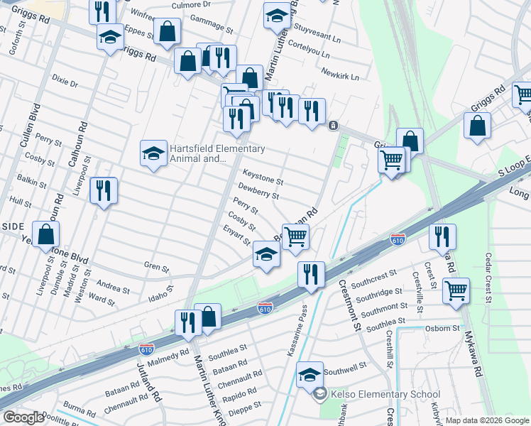 map of restaurants, bars, coffee shops, grocery stores, and more near 5235 Perry Street in Houston