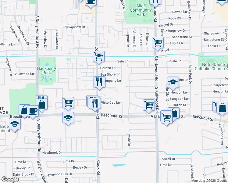 map of restaurants, bars, coffee shops, grocery stores, and more near 7819 Cook Road in Houston