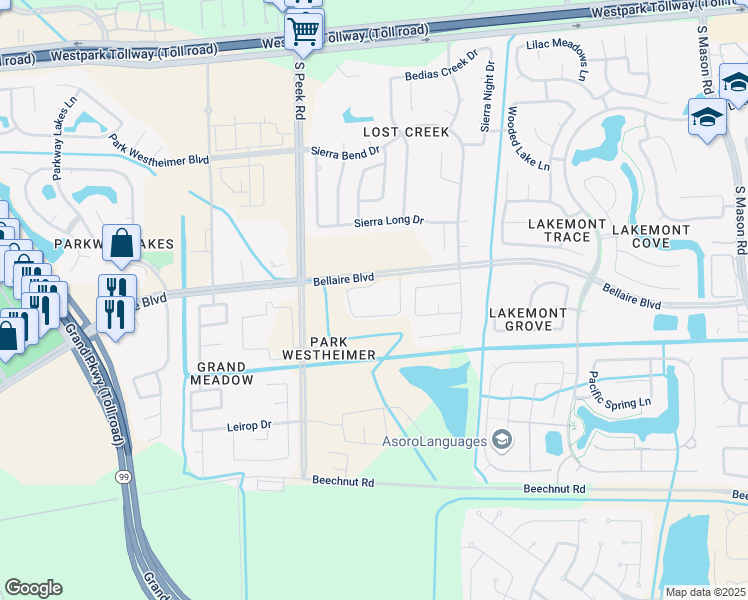 map of restaurants, bars, coffee shops, grocery stores, and more near 19551 Bellaire Boulevard in Richmond