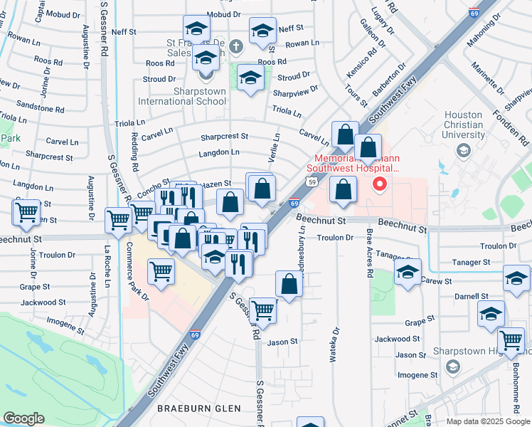 map of restaurants, bars, coffee shops, grocery stores, and more near 8002 Beechnut Street in Houston