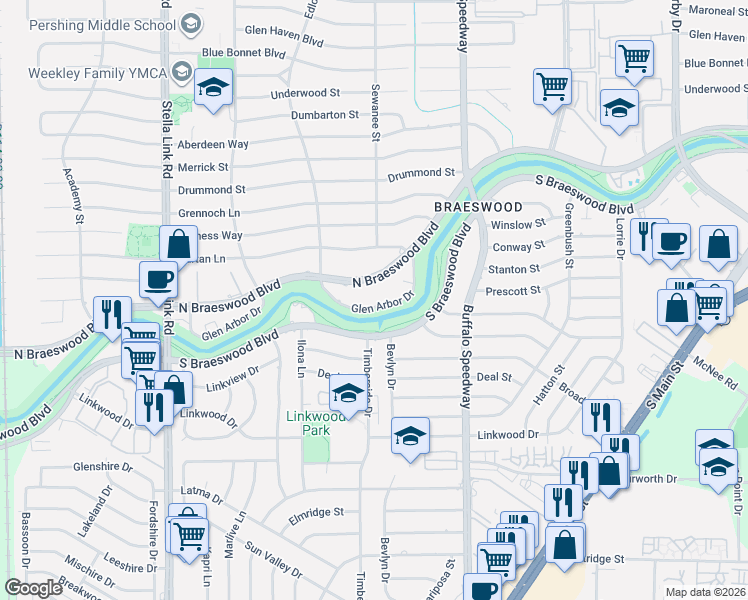 map of restaurants, bars, coffee shops, grocery stores, and more near 3607 North Braeswood Boulevard in Houston