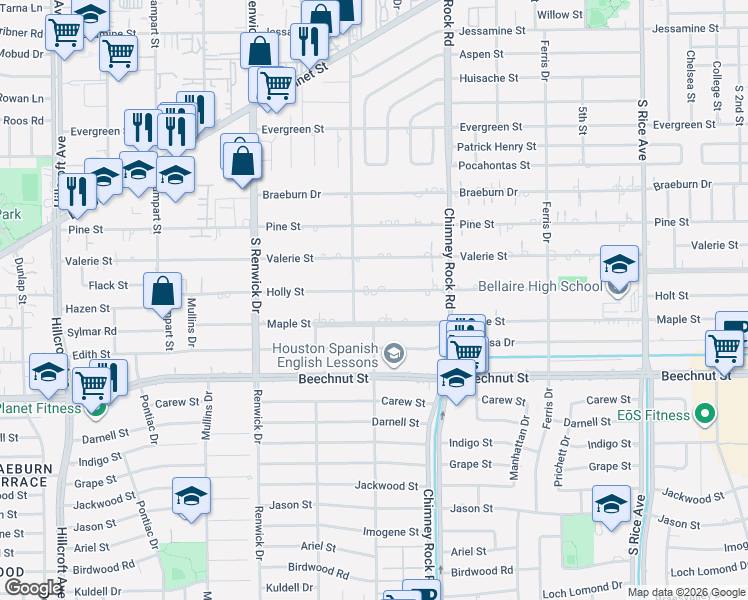 map of restaurants, bars, coffee shops, grocery stores, and more near 5319 Holly St in Bellaire