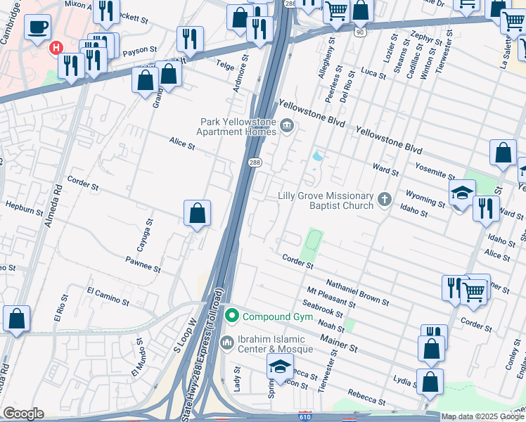 map of restaurants, bars, coffee shops, grocery stores, and more near 3360 Alice Street in Houston