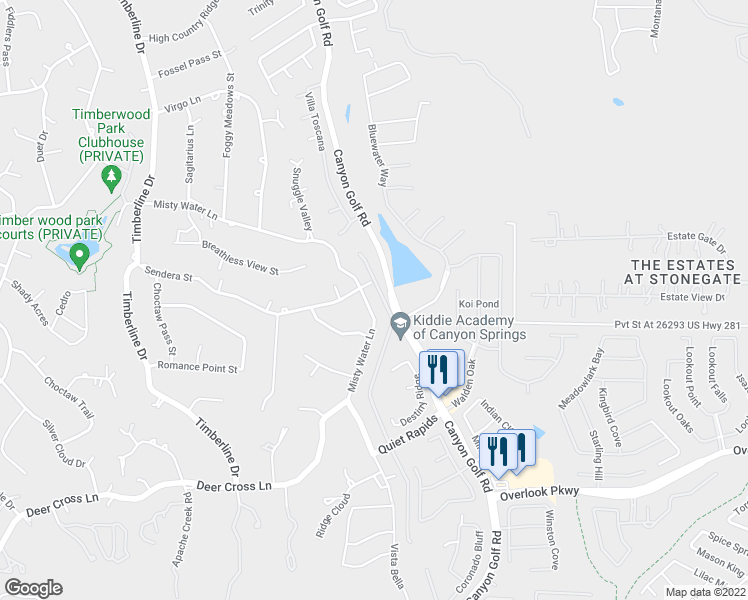 map of restaurants, bars, coffee shops, grocery stores, and more near 807 Misty Water Lane in San Antonio