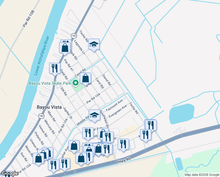 map of restaurants, bars, coffee shops, grocery stores, and more near 1810-1818 Par Road 104 in Morgan City