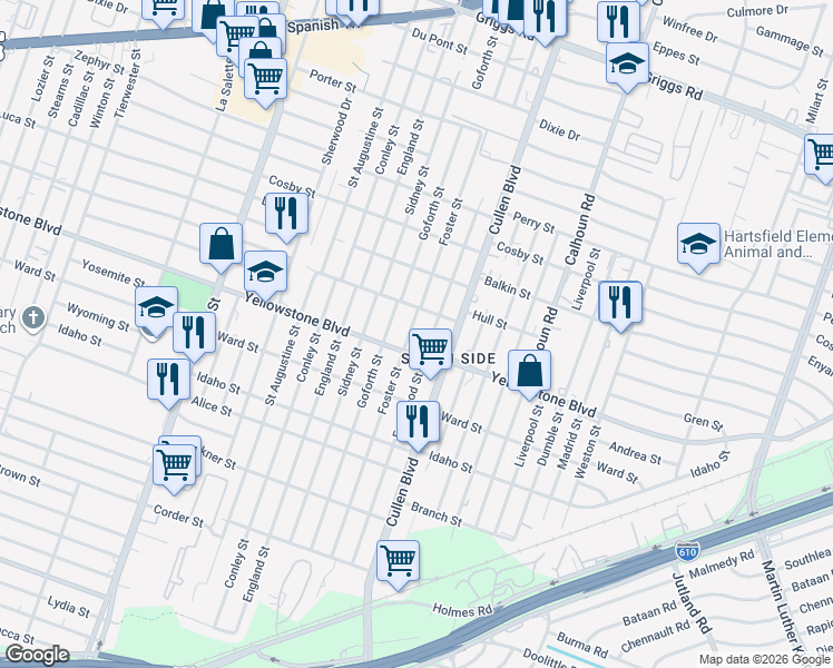map of restaurants, bars, coffee shops, grocery stores, and more near 6603 Foster Street in Houston