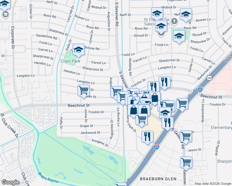 map of restaurants, bars, coffee shops, grocery stores, and more near 7810 La Roche Lane in Houston