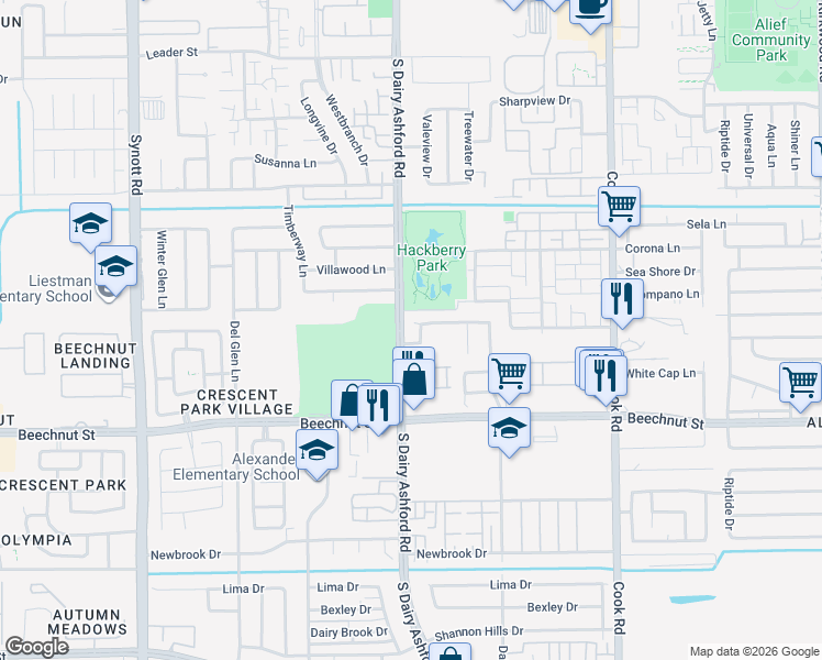map of restaurants, bars, coffee shops, grocery stores, and more near 12666 Ashford River in Houston