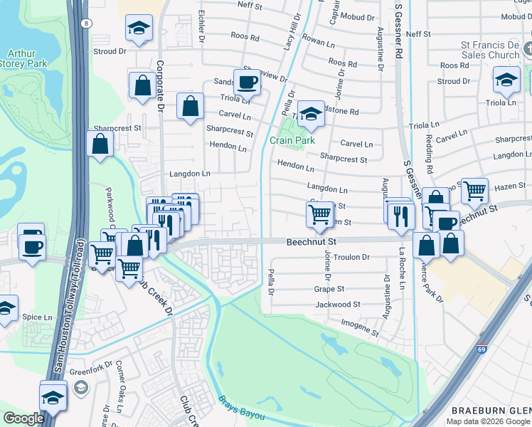 map of restaurants, bars, coffee shops, grocery stores, and more near 9114 Hazen Street in Houston