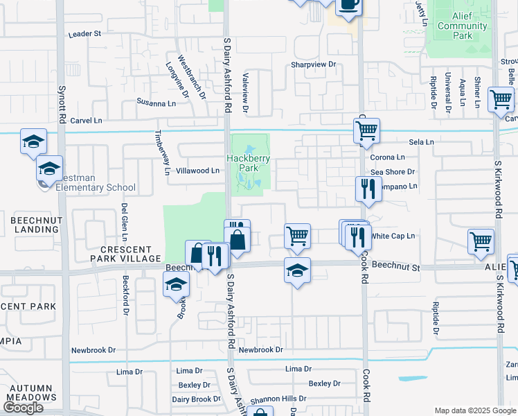 map of restaurants, bars, coffee shops, grocery stores, and more near 12610 Ashford River in Houston