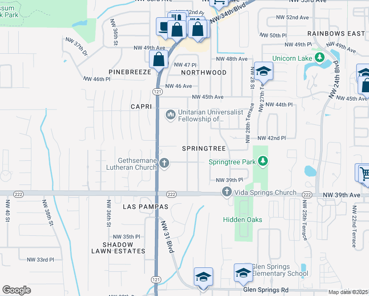 map of restaurants, bars, coffee shops, grocery stores, and more near 4207 Northwest 32nd Street in Gainesville