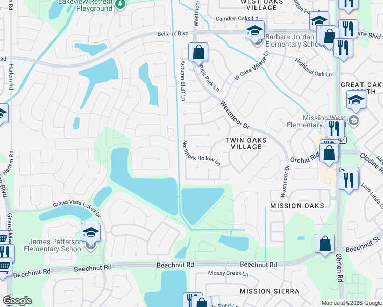 map of restaurants, bars, coffee shops, grocery stores, and more near 18235 Bonham Oaks Court in Richmond