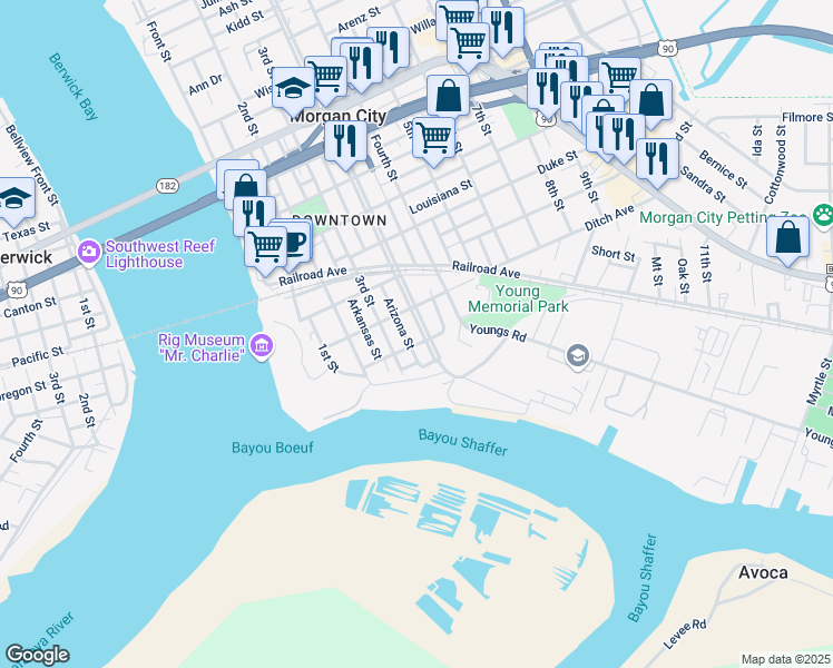 map of restaurants, bars, coffee shops, grocery stores, and more near 200-298 Florida St in Morgan City