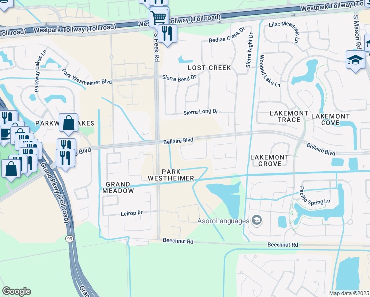 map of restaurants, bars, coffee shops, grocery stores, and more near 19551 Bellaire Boulevard in Richmond