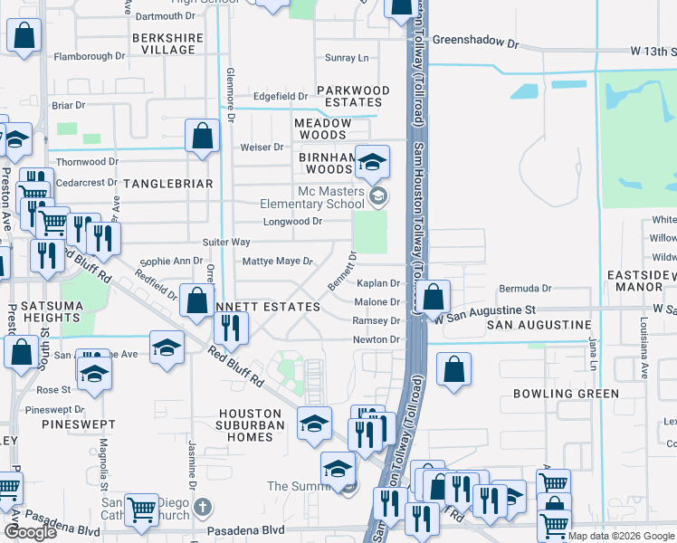 map of restaurants, bars, coffee shops, grocery stores, and more near 1304 Bennett Drive in Pasadena