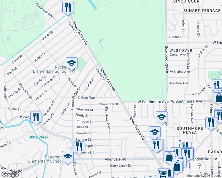 map of restaurants, bars, coffee shops, grocery stores, and more near 5231 Falvey Street in Houston