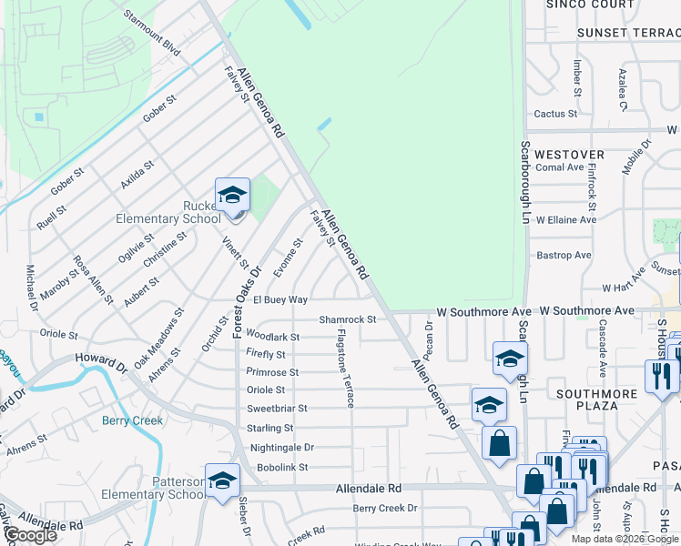 map of restaurants, bars, coffee shops, grocery stores, and more near 5231 Falvey Street in Houston