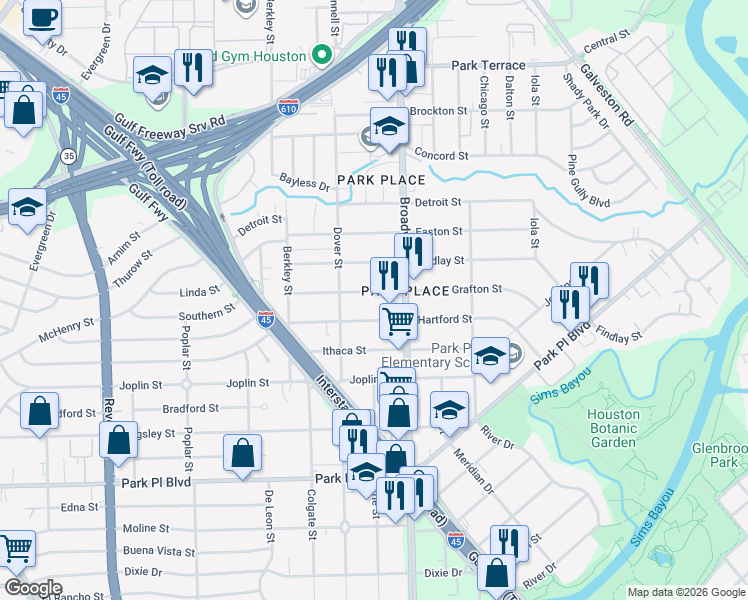 map of restaurants, bars, coffee shops, grocery stores, and more near 8041 Grafton Street in Houston
