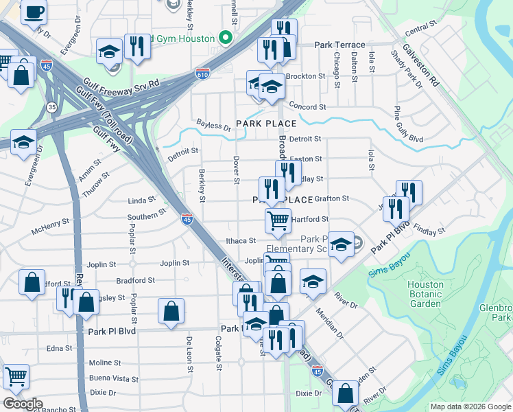 map of restaurants, bars, coffee shops, grocery stores, and more near 8005 Grafton Street in Houston