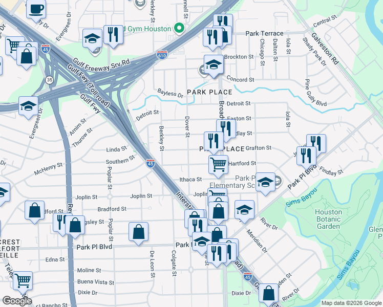 map of restaurants, bars, coffee shops, grocery stores, and more near 8005 Grafton Street in Houston