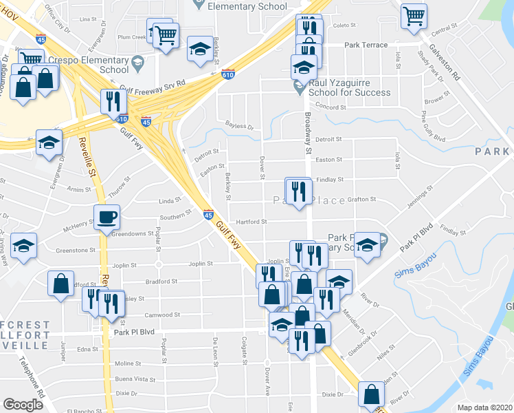 map of restaurants, bars, coffee shops, grocery stores, and more near 7925 Grafton Street in Houston