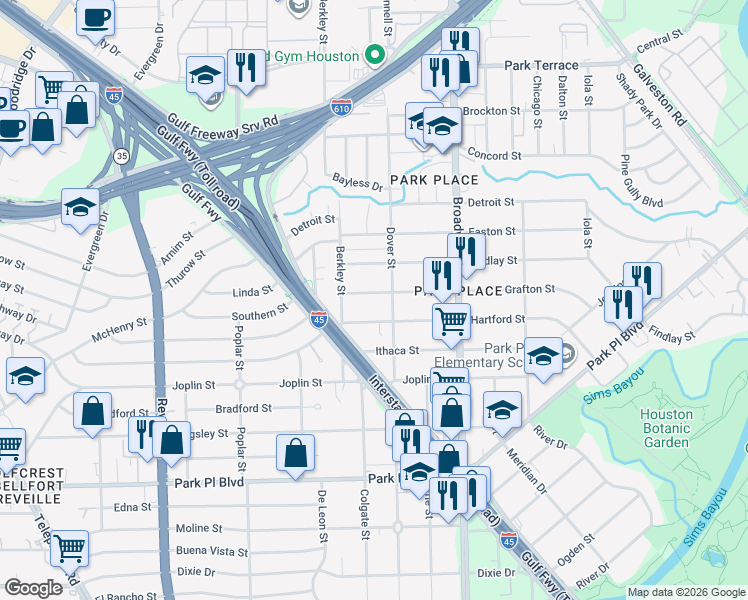map of restaurants, bars, coffee shops, grocery stores, and more near 7925 Grafton Street in Houston