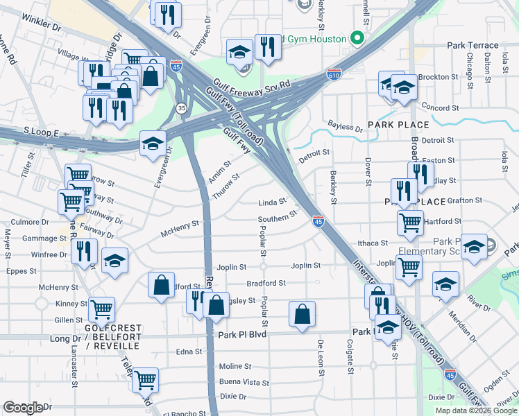 map of restaurants, bars, coffee shops, grocery stores, and more near 7657 Linda Street in Houston