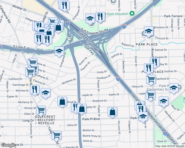 map of restaurants, bars, coffee shops, grocery stores, and more near 7657 Linda Street in Houston